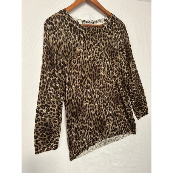 Cathy Daniels Brown Leopard Print Long Sleeve Beaded Detail Crew Neck Top Size M - Picture 4 of 9